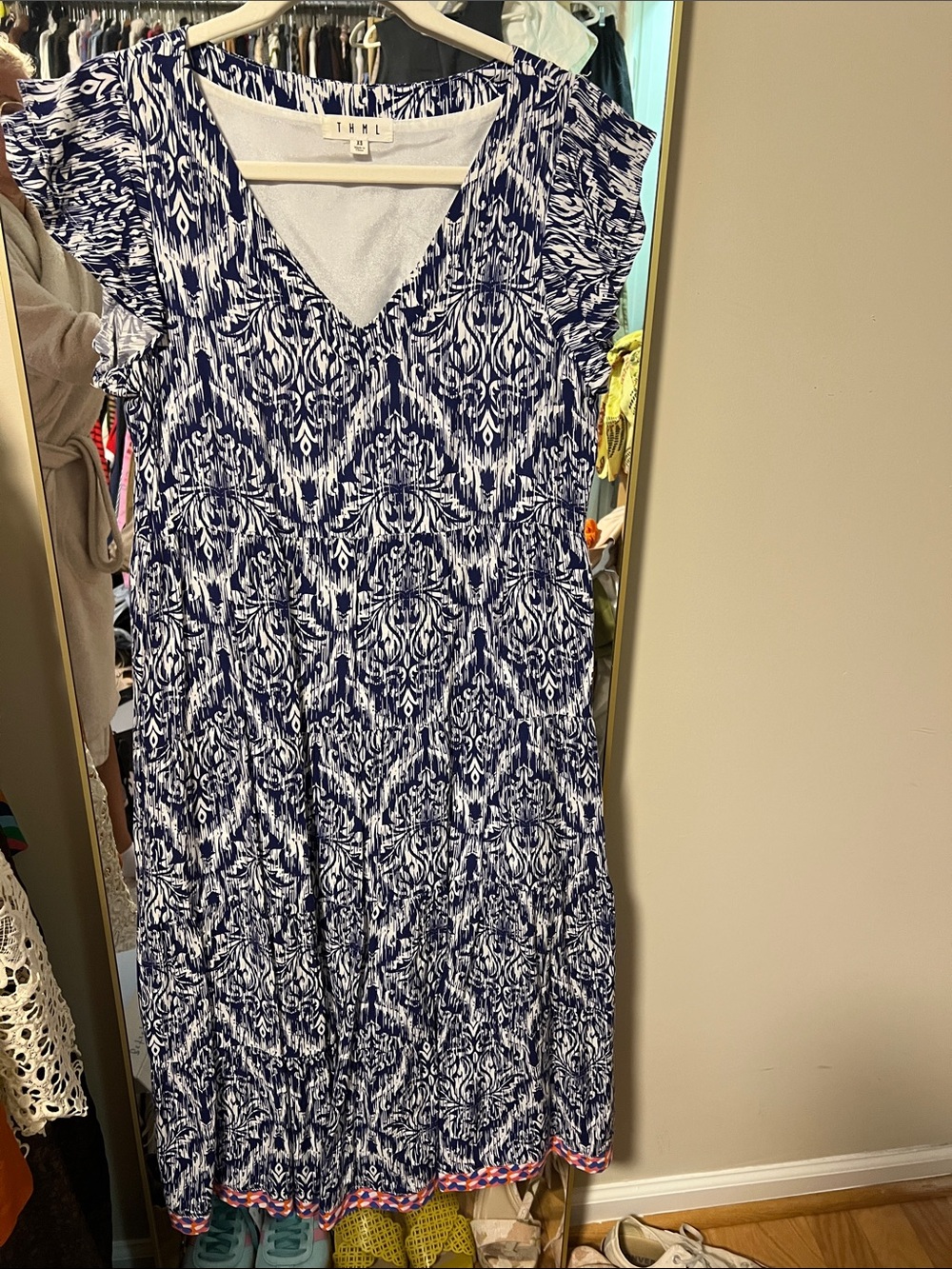 THML Navy and White Printed V-Neck Midi Dress
